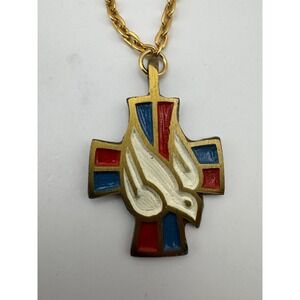 Vintage Terra Sancta Guild Cross Necklace TSG Enamel Dove Pendant